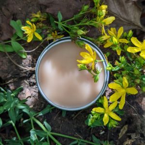 tin of salve surrounded by fresh saint johns wort flowers